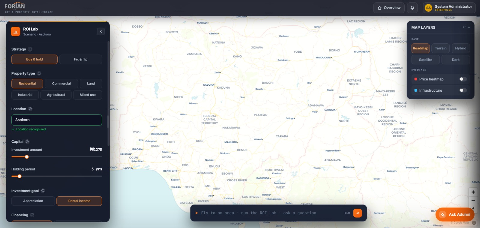 The Fortan Terminal: ROI Lab scenario for Asokoro over the live Nigeria map — strategy, property type, capital and holding-period controls, map layers, and the Ask Adunni command bar